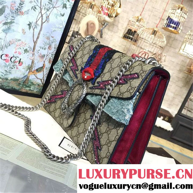 Gucci Dionysus GG Supreme Canvas Shoulder Large Bag with Mouth and Lightening Bolt Appliqué Fall Winter 2016 Collection Red Suede Beige