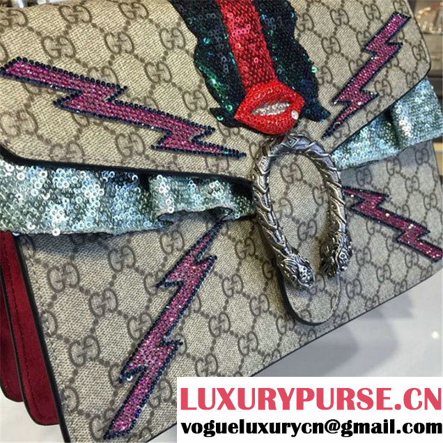 Gucci Dionysus GG Supreme Canvas Shoulder Large Bag with Mouth and Lightening Bolt Appliqué Fall Winter 2016 Collection Red Suede Beige