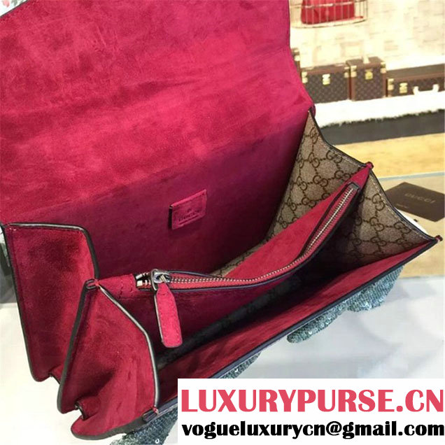 Gucci Dionysus GG Supreme Canvas Shoulder Large Bag with Mouth and Lightening Bolt Appliqué Fall Winter 2016 Collection Red Suede Beige