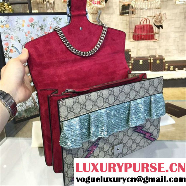 Gucci Dionysus GG Supreme Canvas Shoulder Large Bag with Mouth and Lightening Bolt Appliqué Fall Winter 2016 Collection Red Suede Beige