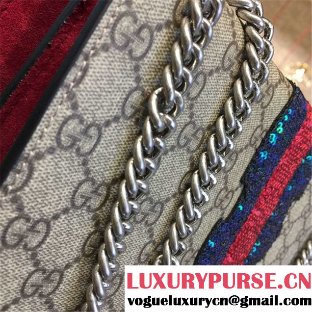 Gucci Dionysus GG Supreme Canvas Shoulder Large Bag with Mouth and Lightening Bolt Appliqué Fall Winter 2016 Collection Red Suede Beige