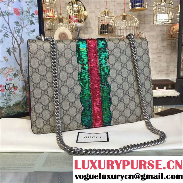 Gucci Dionysus GG Supreme Canvas Shoulder Large Bag with Mouth and Lightening Bolt Appliqué Fall Winter 2016 Collection Red Suede Beige