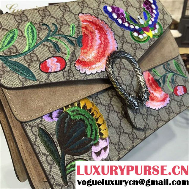 Gucci Dionysus GG Supreme Canvas Butterfly and Flowers Embroidery Large Shoulder Bag Spring Summer 2016 Collection Beige Suede Beige