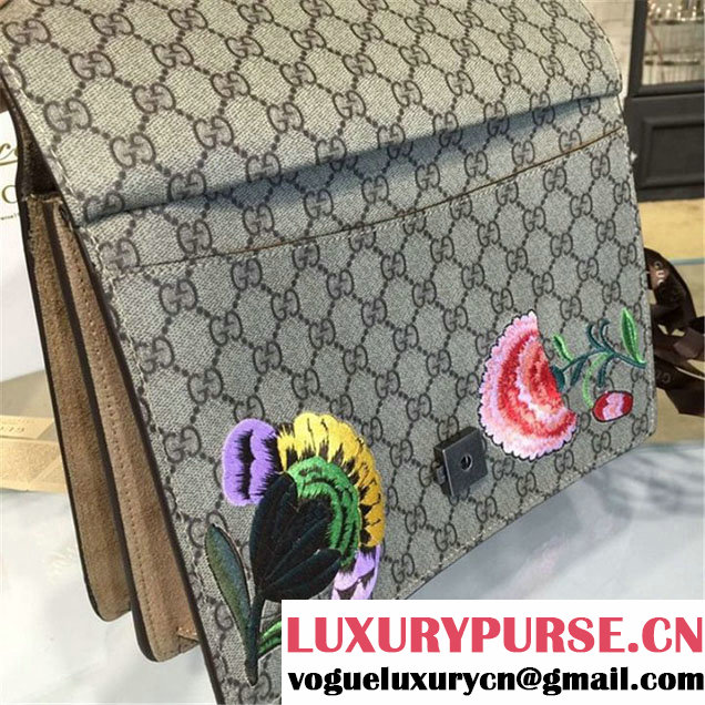 Gucci Dionysus GG Supreme Canvas Butterfly and Flowers Embroidery Large Shoulder Bag Spring Summer 2016 Collection Beige Suede Beige