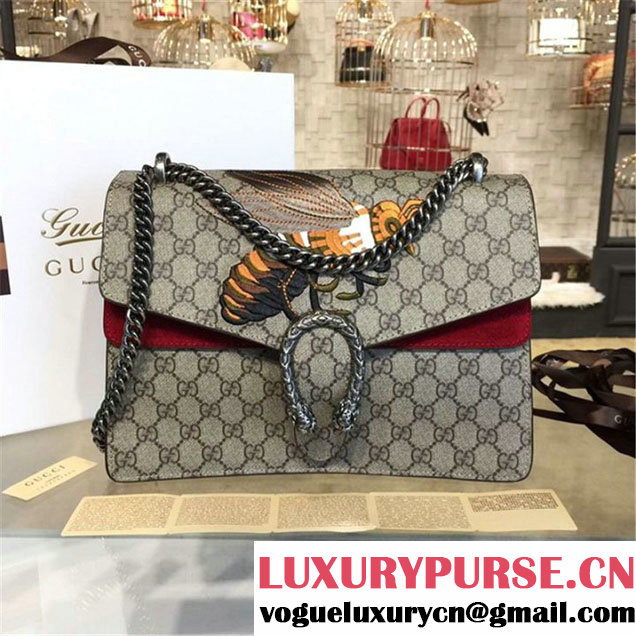 Gucci Dionysus GG Supreme Canvas Shoulder Large Bag with Bee Embroidery Fall Winter 2016 Collection Burgundy Suede Beige