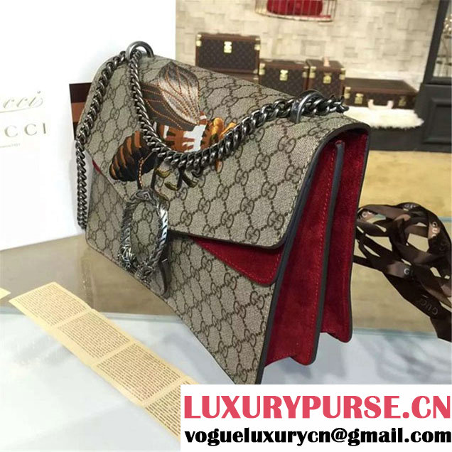 Gucci Dionysus GG Supreme Canvas Shoulder Large Bag with Bee Embroidery Fall Winter 2016 Collection Burgundy Suede Beige