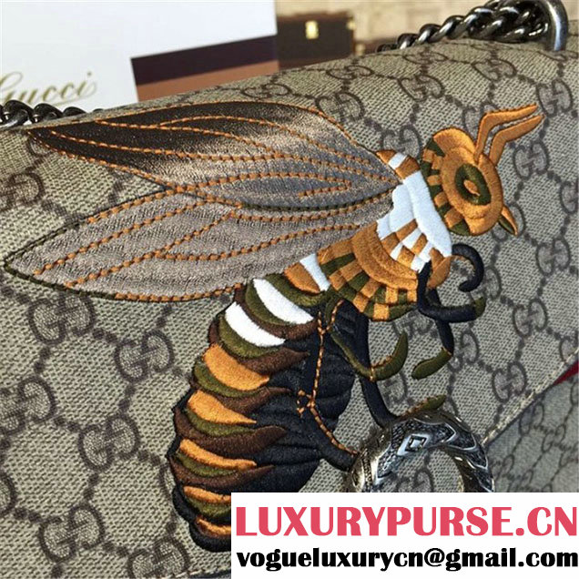 Gucci Dionysus GG Supreme Canvas Shoulder Large Bag with Bee Embroidery Fall Winter 2016 Collection Burgundy Suede Beige