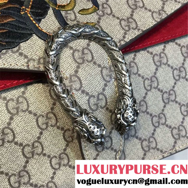 Gucci Dionysus GG Supreme Canvas Shoulder Large Bag with Bee Embroidery Fall Winter 2016 Collection Burgundy Suede Beige