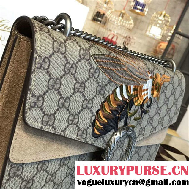 Gucci Dionysus GG Supreme Canvas Shoulder Large Bag with Bee Embroidery Fall Winter 2016 Collection Beige Suede Beige