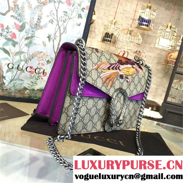 Gucci Dionysus GG Supreme Canvas Shoulder Medium Bag with Bee Embroidery Fall Winter 2016 Collection Purple Suede Beige