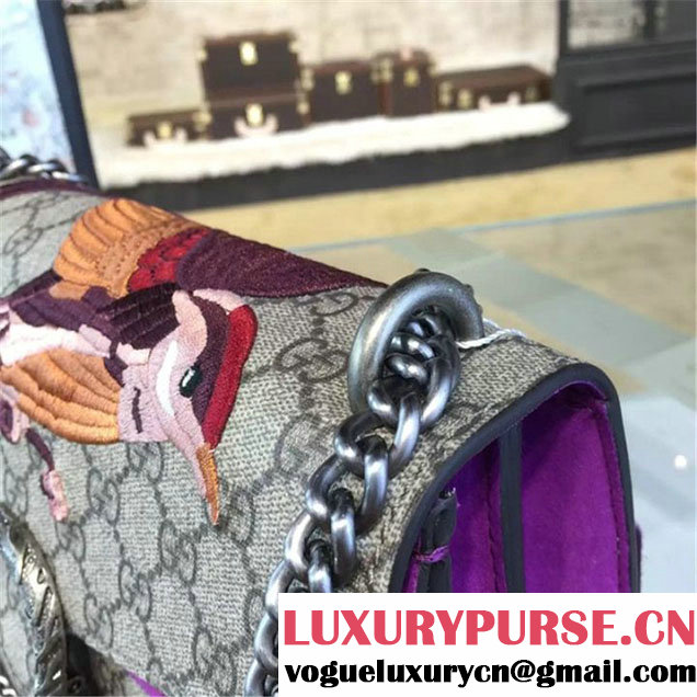 Gucci Dionysus GG Supreme Canvas Shoulder Medium Bag with Bee Embroidery Fall Winter 2016 Collection Purple Suede Beige
