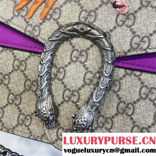 Gucci Dionysus GG Supreme Canvas Shoulder Medium Bag with Bee Embroidery Fall Winter 2016 Collection Purple Suede Beige