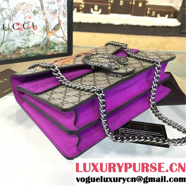 Gucci Dionysus GG Supreme Canvas Shoulder Medium Bag with Bee Embroidery Fall Winter 2016 Collection Purple Suede Beige