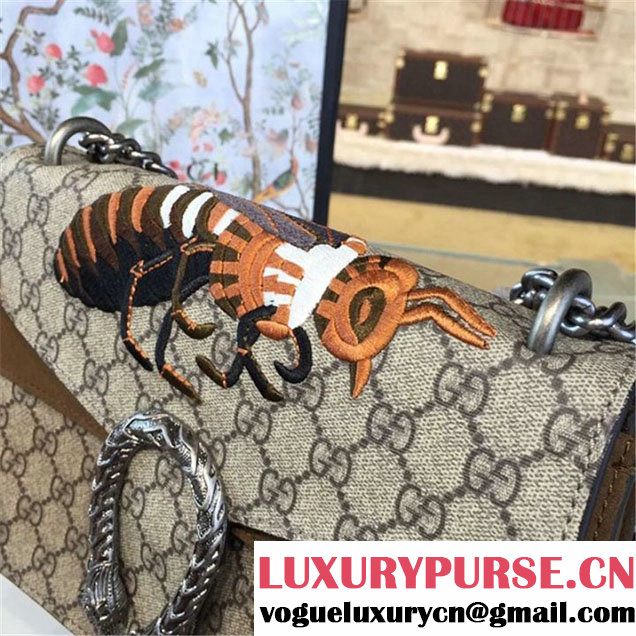 Gucci Dionysus GG Supreme Canvas Shoulder Medium Bag with Bee Embroidery Fall Winter 2016 Collection Brown Suede Beige