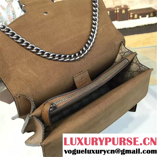 Gucci Dionysus GG Supreme Canvas Shoulder Medium Bag with Bee Embroidery Fall Winter 2016 Collection Brown Suede Beige