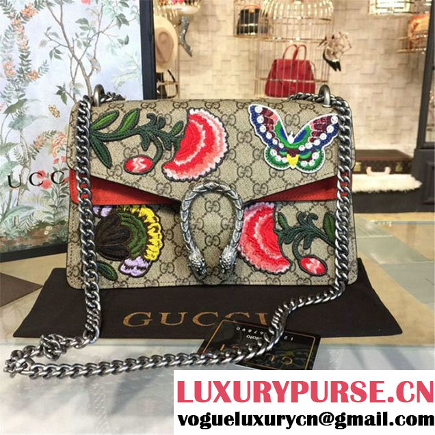 Gucci Dionysus GG Supreme Canvas Butterfly and Flowers Embroidery Medium Shoulder Bag Fall Winter 2016 Collection Orange Suede Beige