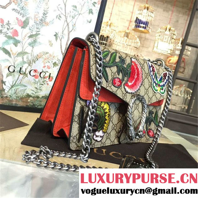 Gucci Dionysus GG Supreme Canvas Butterfly and Flowers Embroidery Medium Shoulder Bag Fall Winter 2016 Collection Orange Suede Beige
