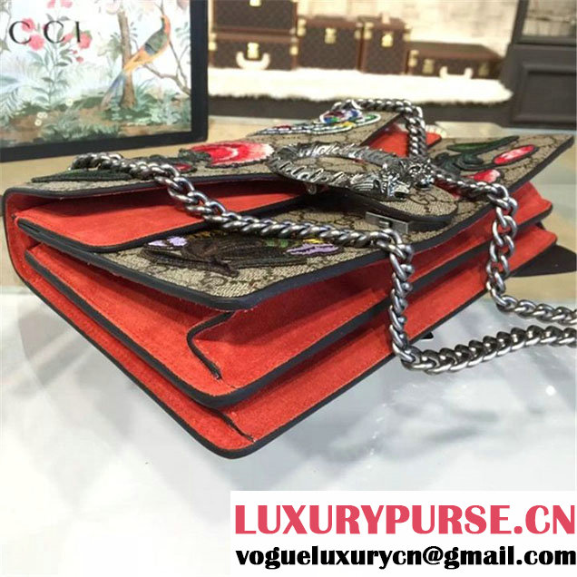 Gucci Dionysus GG Supreme Canvas Butterfly and Flowers Embroidery Medium Shoulder Bag Fall Winter 2016 Collection Orange Suede Beige