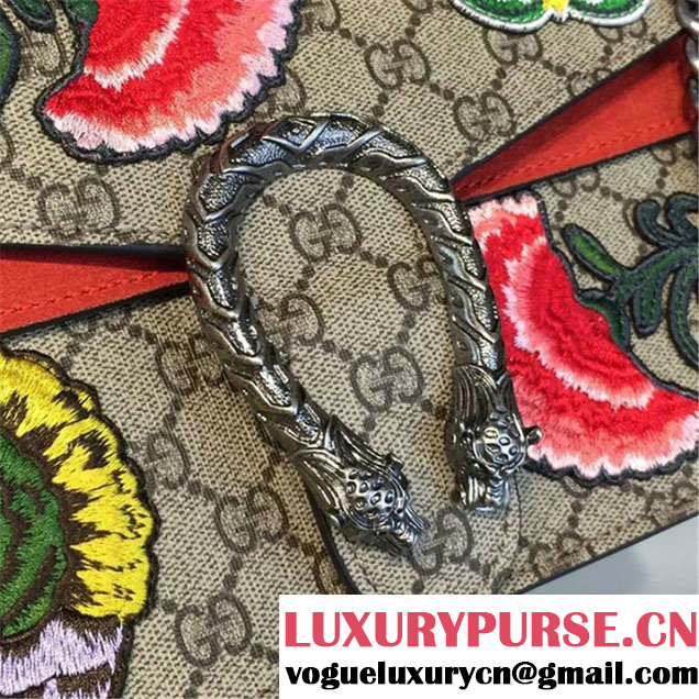 Gucci Dionysus GG Supreme Canvas Butterfly and Flowers Embroidery Medium Shoulder Bag Fall Winter 2016 Collection Orange Suede Beige