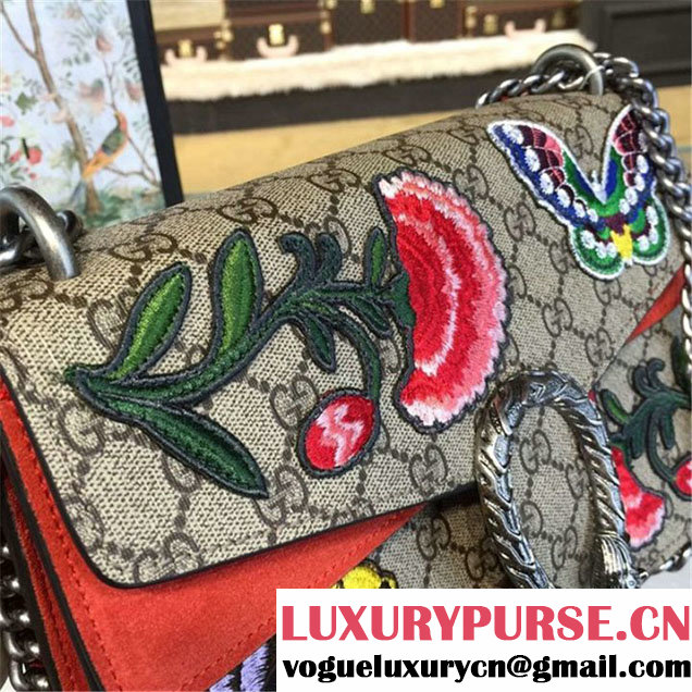 Gucci Dionysus GG Supreme Canvas Butterfly and Flowers Embroidery Medium Shoulder Bag Fall Winter 2016 Collection Orange Suede Beige