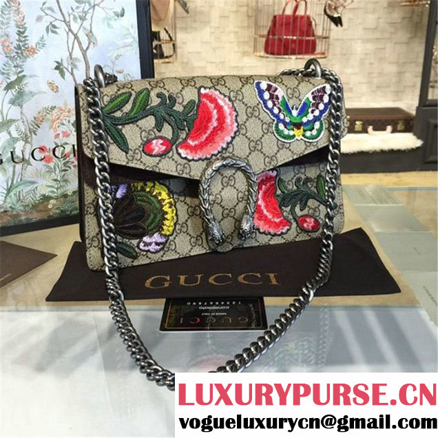 Gucci Dionysus GG Supreme Canvas Butterfly and Flowers Embroidery Medium Shoulder Bag Fall Winter 2016 Collection Brown Suede Beige