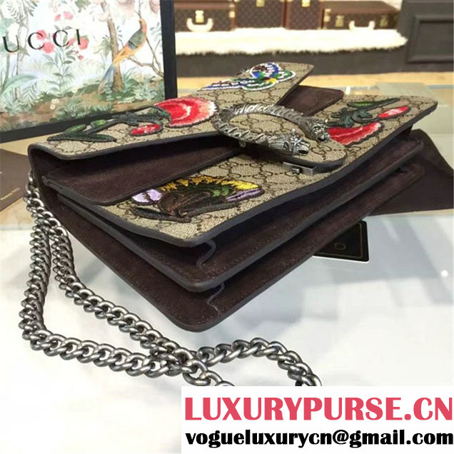 Gucci Dionysus GG Supreme Canvas Butterfly and Flowers Embroidery Medium Shoulder Bag Fall Winter 2016 Collection Brown Suede Beige