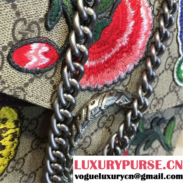 Gucci Dionysus GG Supreme Canvas Butterfly and Flowers Embroidery Medium Shoulder Bag Fall Winter 2016 Collection Brown Suede Beige