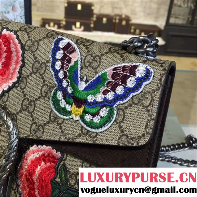 Gucci Dionysus GG Supreme Canvas Butterfly and Flowers Embroidery Medium Shoulder Bag Fall Winter 2016 Collection Brown Suede Beige