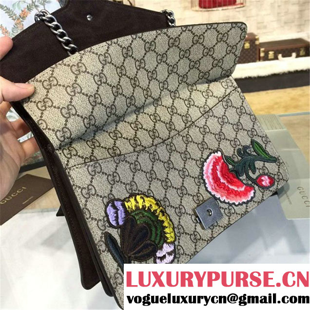 Gucci Dionysus GG Supreme Canvas Butterfly and Flowers Embroidery Medium Shoulder Bag Fall Winter 2016 Collection Brown Suede Beige