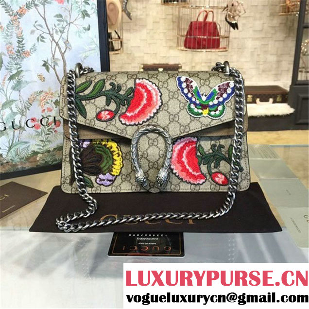 Gucci Dionysus GG Supreme Canvas Butterfly and Flowers Embroidery Medium Shoulder Bag Fall Winter 2016 Collection Beige Suede Beige