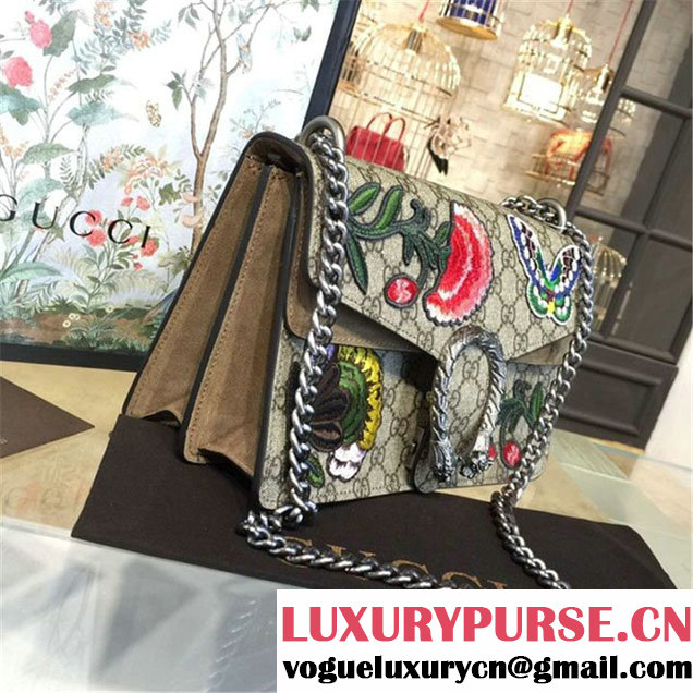 Gucci Dionysus GG Supreme Canvas Butterfly and Flowers Embroidery Medium Shoulder Bag Fall Winter 2016 Collection Beige Suede Beige