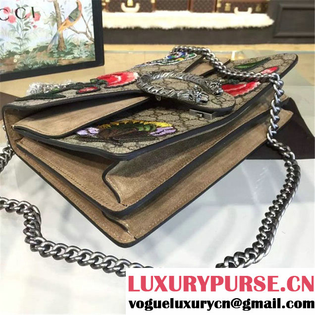 Gucci Dionysus GG Supreme Canvas Butterfly and Flowers Embroidery Medium Shoulder Bag Fall Winter 2016 Collection Beige Suede Beige