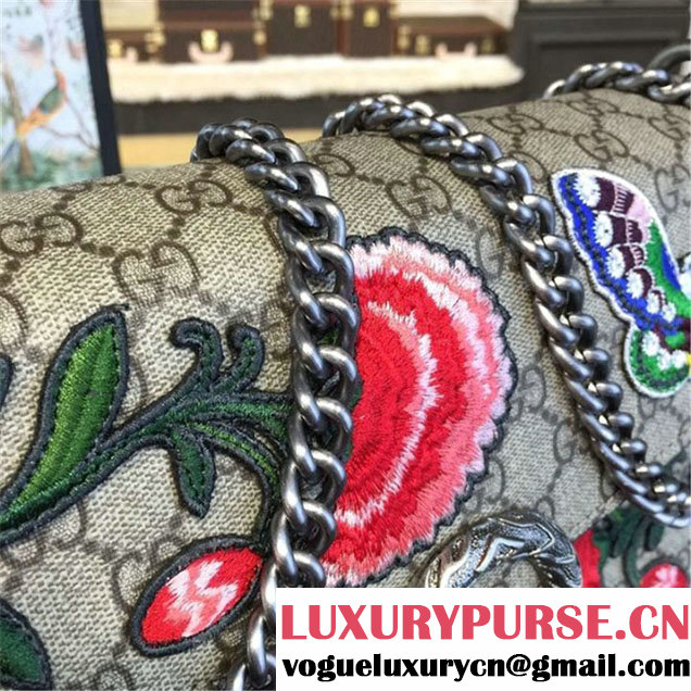 Gucci Dionysus GG Supreme Canvas Butterfly and Flowers Embroidery Medium Shoulder Bag Fall Winter 2016 Collection Beige Suede Beige