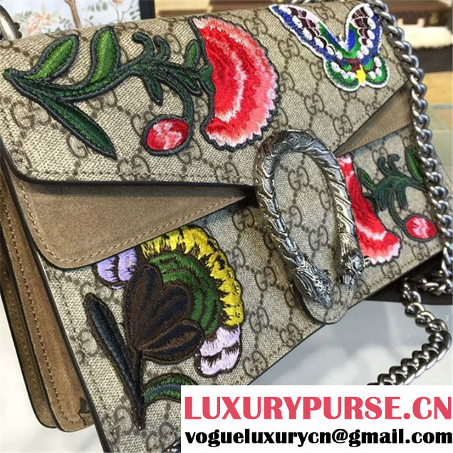 Gucci Dionysus GG Supreme Canvas Butterfly and Flowers Embroidery Medium Shoulder Bag Fall Winter 2016 Collection Beige Suede Beige