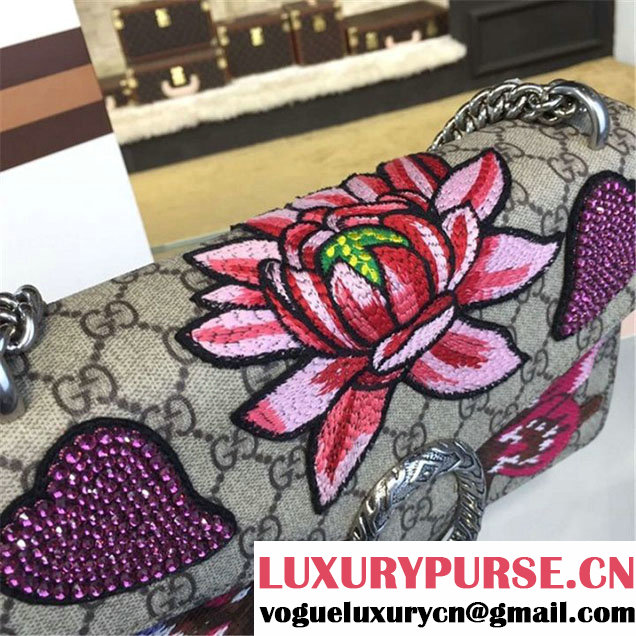 Gucci Dionysus GG Supreme Lilies and Heart Embroidery Canvas Shoulder Medium Bag Sequin Appliqué Fall Winter 2016 Collection Beige Purple Python