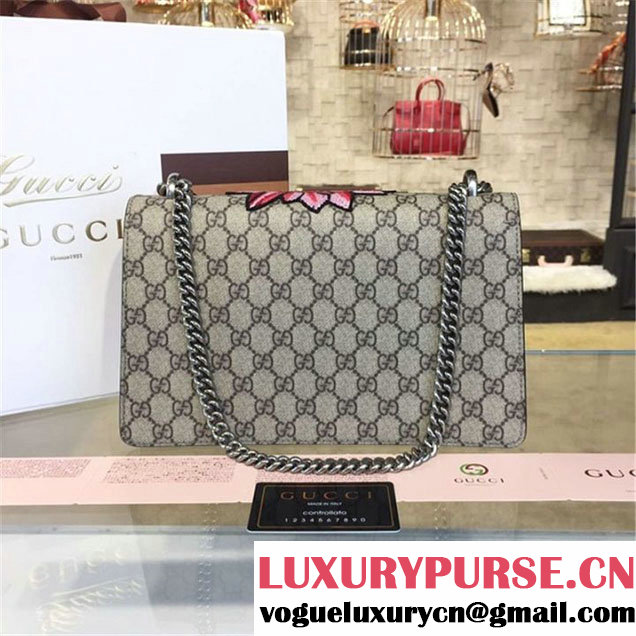 Gucci Dionysus GG Supreme Lilies and Heart Embroidery Canvas Shoulder Medium Bag Sequin Appliqué Fall Winter 2016 Collection Beige Purple Python