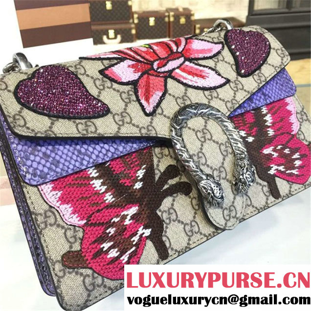 Gucci Dionysus GG Supreme Lilies and Heart Embroidery Canvas Shoulder Medium Bag Sequin Appliqué Fall Winter 2016 Collection Beige Purple Python