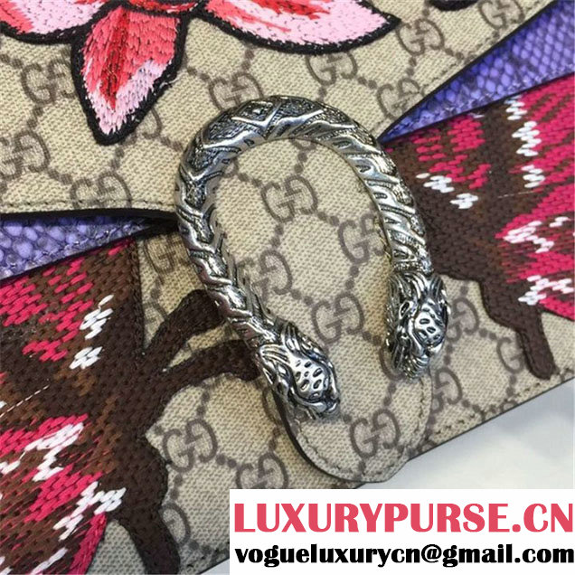 Gucci Dionysus GG Supreme Lilies and Heart Embroidery Canvas Shoulder Medium Bag Sequin Appliqué Fall Winter 2016 Collection Beige Purple Python