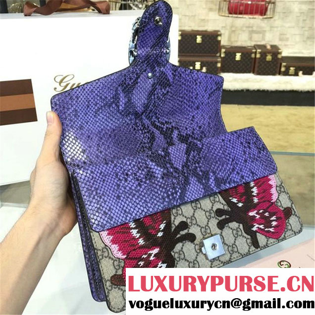 Gucci Dionysus GG Supreme Lilies and Heart Embroidery Canvas Shoulder Medium Bag Sequin Appliqué Fall Winter 2016 Collection Beige Purple Python