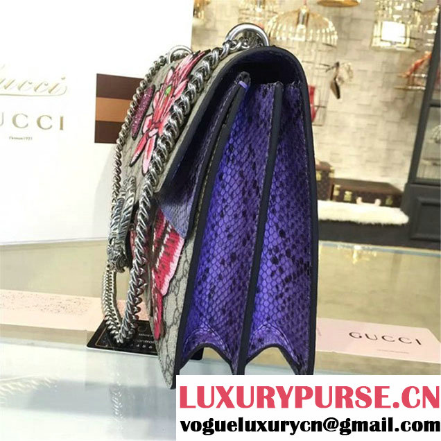 Gucci Dionysus GG Supreme Lilies and Heart Embroidery Canvas Shoulder Large Bag Sequin Appliqué Fall Winter 2016 Collection Beige Purple Python