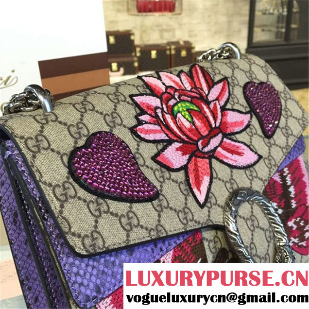 Gucci Dionysus GG Supreme Lilies and Heart Embroidery Canvas Shoulder Large Bag Sequin Appliqué Fall Winter 2016 Collection Beige Purple Python