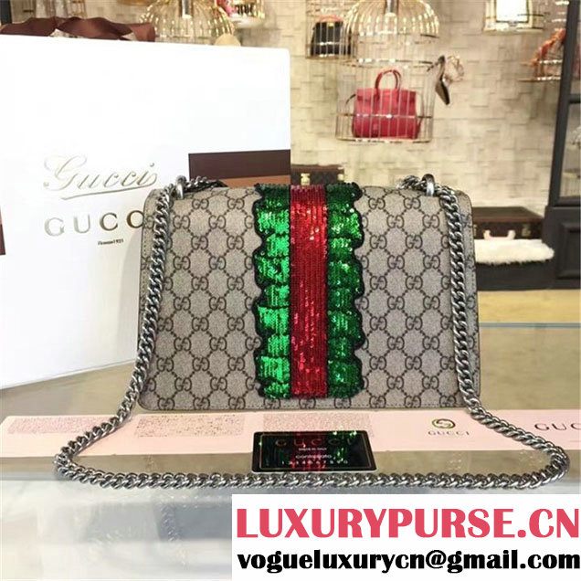 Gucci Dionysus GG Supreme Lightning Bolt Lips Embroidery Canvas Shoulder Medium Bag Sequin Appliqué Fall Winter 2016 Collection Beige