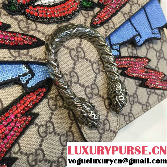 Gucci Dionysus GG Supreme Lightning Bolt Lips Embroidery Canvas Shoulder Medium Bag Sequin Appliqué Fall Winter 2016 Collection Beige