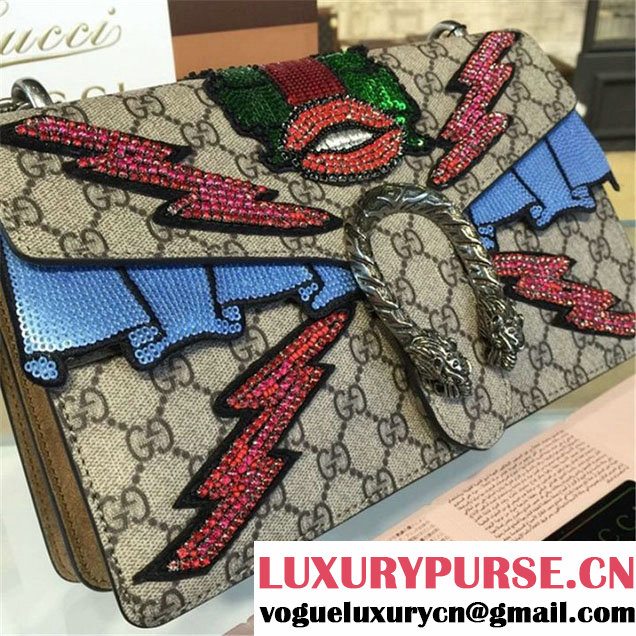 Gucci Dionysus GG Supreme Lightning Bolt Lips Embroidery Canvas Shoulder Medium Bag Sequin Appliqué Fall Winter 2016 Collection Beige