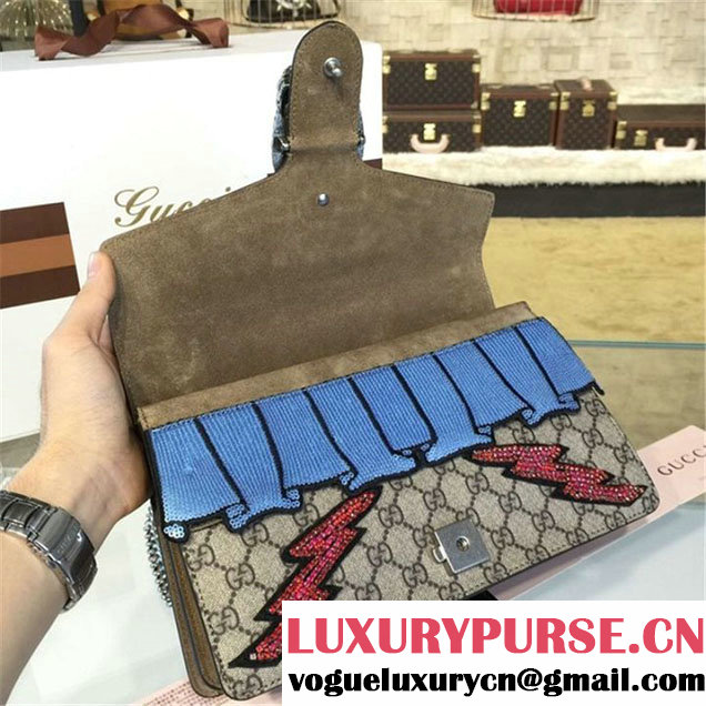 Gucci Dionysus GG Supreme Lightning Bolt Lips Embroidery Canvas Shoulder Medium Bag Sequin Appliqué Fall Winter 2016 Collection Beige