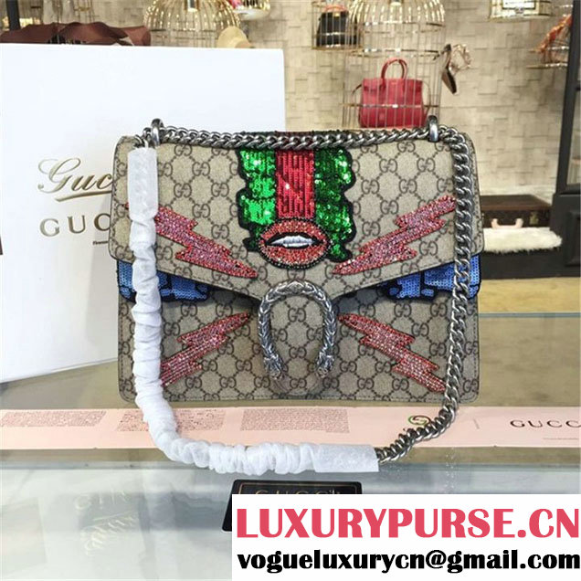 Gucci Dionysus GG Supreme Lightning Bolt Lips Embroidery Canvas Shoulder Large Bag Sequin Appliqué Fall Winter 2016 Collection Beige