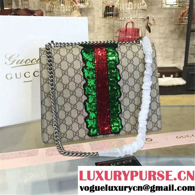 Gucci Dionysus GG Supreme Lightning Bolt Lips Embroidery Canvas Shoulder Large Bag Sequin Appliqué Fall Winter 2016 Collection Beige
