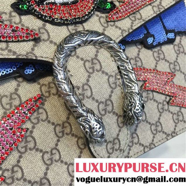 Gucci Dionysus GG Supreme Lightning Bolt Lips Embroidery Canvas Shoulder Large Bag Sequin Appliqué Fall Winter 2016 Collection Beige