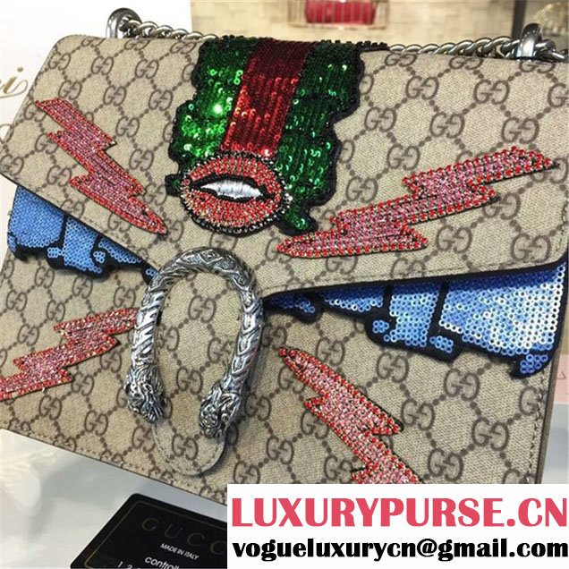 Gucci Dionysus GG Supreme Lightning Bolt Lips Embroidery Canvas Shoulder Large Bag Sequin Appliqué Fall Winter 2016 Collection Beige