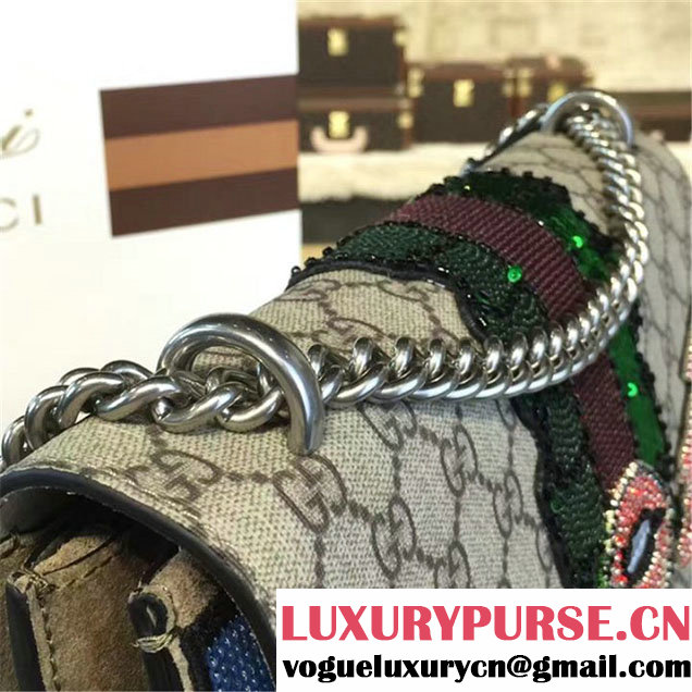 Gucci Dionysus GG Supreme Lightning Bolt Lips Embroidery Canvas Shoulder Large Bag Sequin Appliqué Fall Winter 2016 Collection Beige